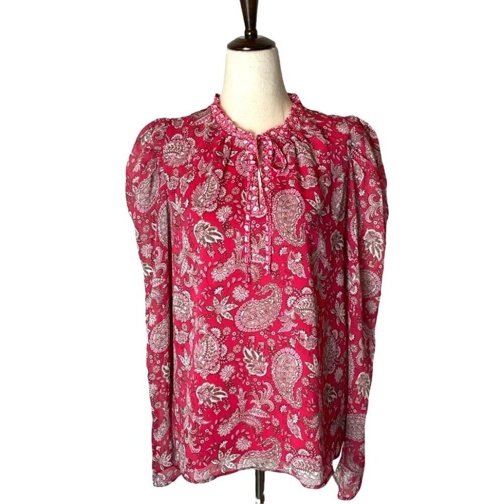 Cupcakes & Cashmere Pink And‎ White Paisley Puff Long Sleeve Tie Neck Blouse M